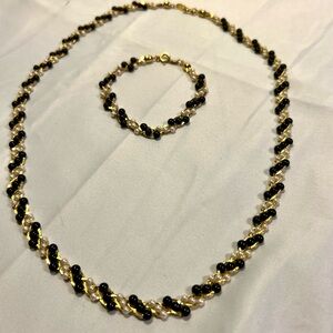 Vintage Trifari TM  Black, White & Gold Necklace & Bracelet Set/faux pearl/onyx